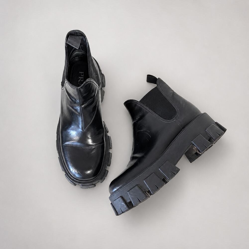 Prada Monolith Chelsea Leather Boots with Chunky Soles Womens EU 37.5/US 7.5